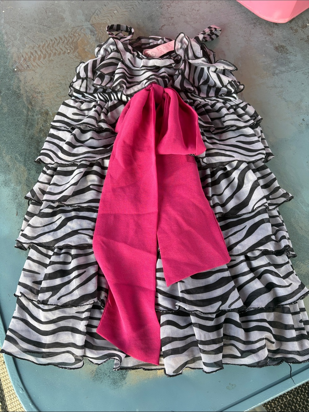 Girls Zebra Ruffle One-Piece Dress with Pink Bow